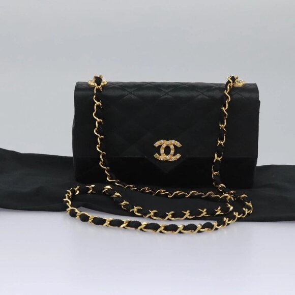 CHANEL Matelasse 23 Single Flap Chain Bag Satin Black Gold CC Auth - Picture 1 of 15